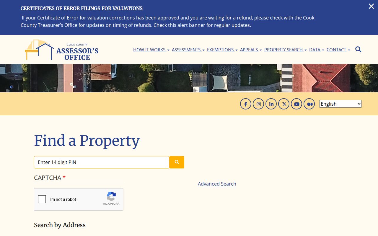 Illinois street directory reference showing Cook County assessor address, PIN, direction, unit, and street-name search fields