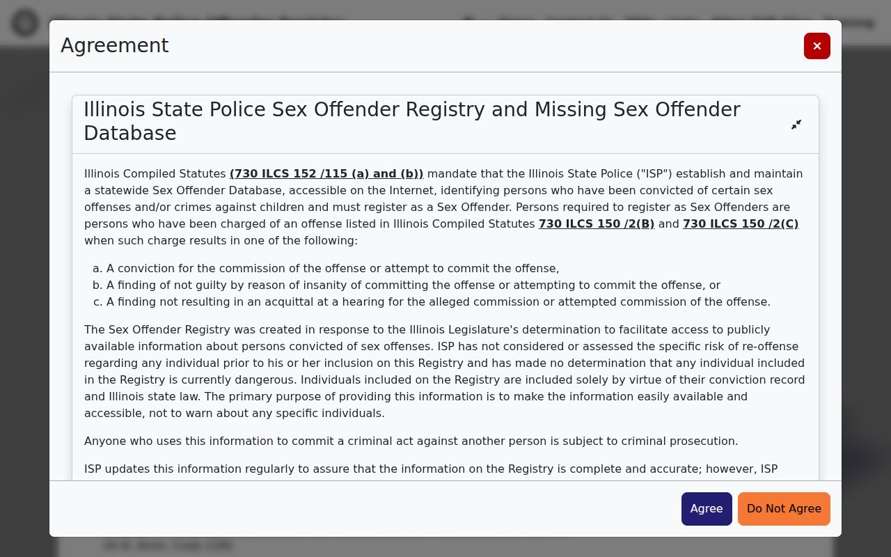Illinois resident lookup example of search fields in the Illinois State Police registry