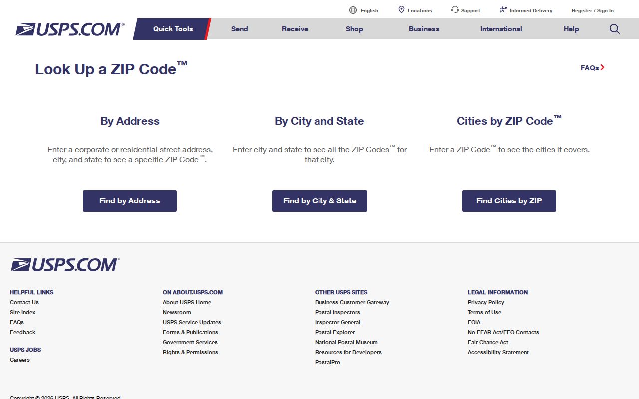 Illinois ZIP code directory reference showing USPS address, city and state, and cities-by-ZIP lookup fields